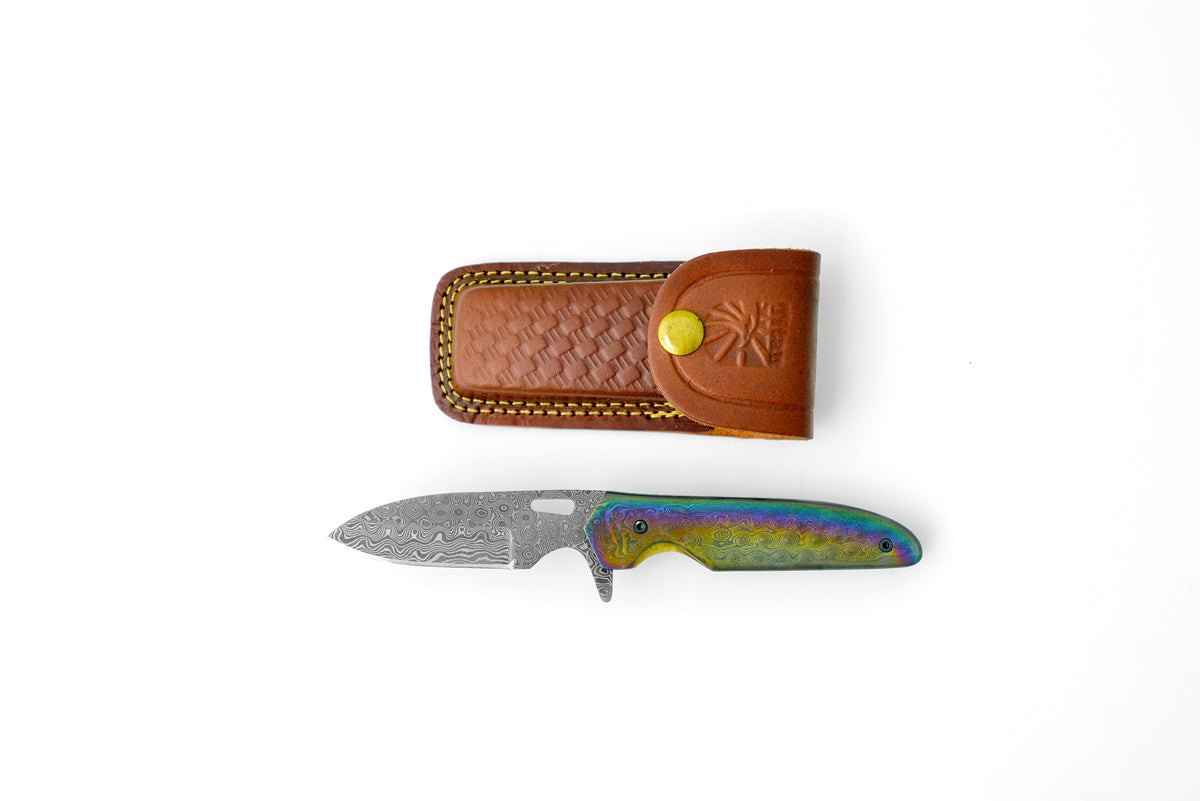 Damascus steel pocket knife Limited Run Titan Transcendence TF-056 with tanto blade and Damascus handle