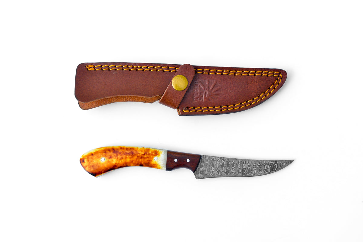 Damascus Compact Fillet Knife TK-204 with burnt bone and walnut handle