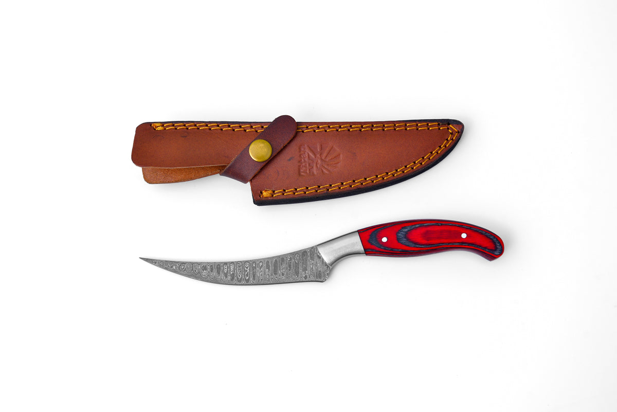 Damascus Compact Fillet Knife TK-205 with layered blade and wood handle
