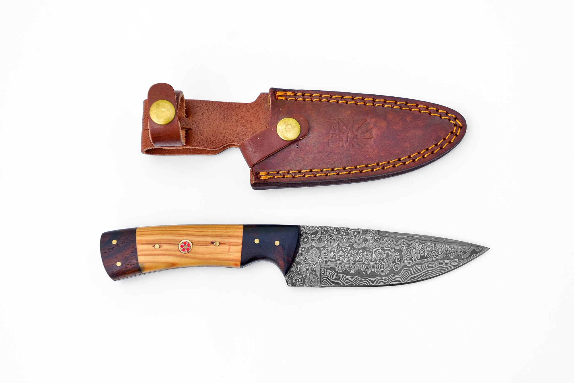 9'' Blade for Ever Outdoor trip TD-087 showing Damascus steel blade and black walnut with olive wood handle