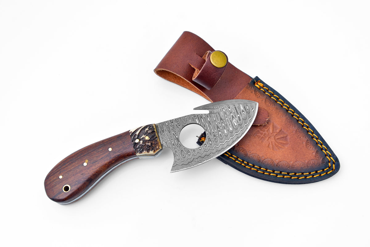 TD-006 fixed blade knife with Damascus steel blade and stag, walnut wood handle