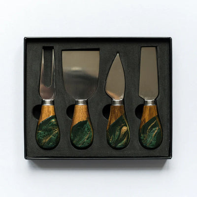 Resin coated cheese knife set with eco-resin accented wood handles and stainless steel blades