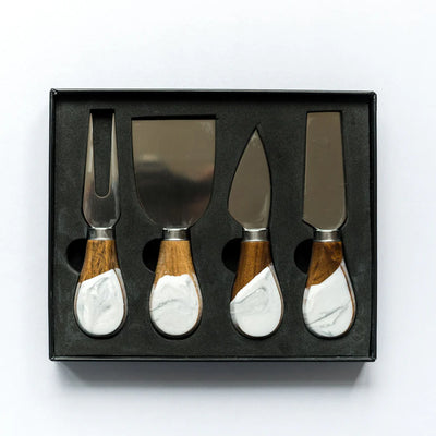 Resin coated cheese knife set with eco-resin accented wood handles and stainless steel blades