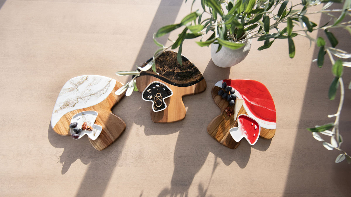 Mushroom Shaped Acacia Cheese Board and Ceramic Tray