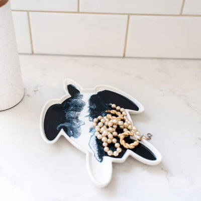 Sea Turtle Ceramic Tray with blue and white resin design on white ceramic