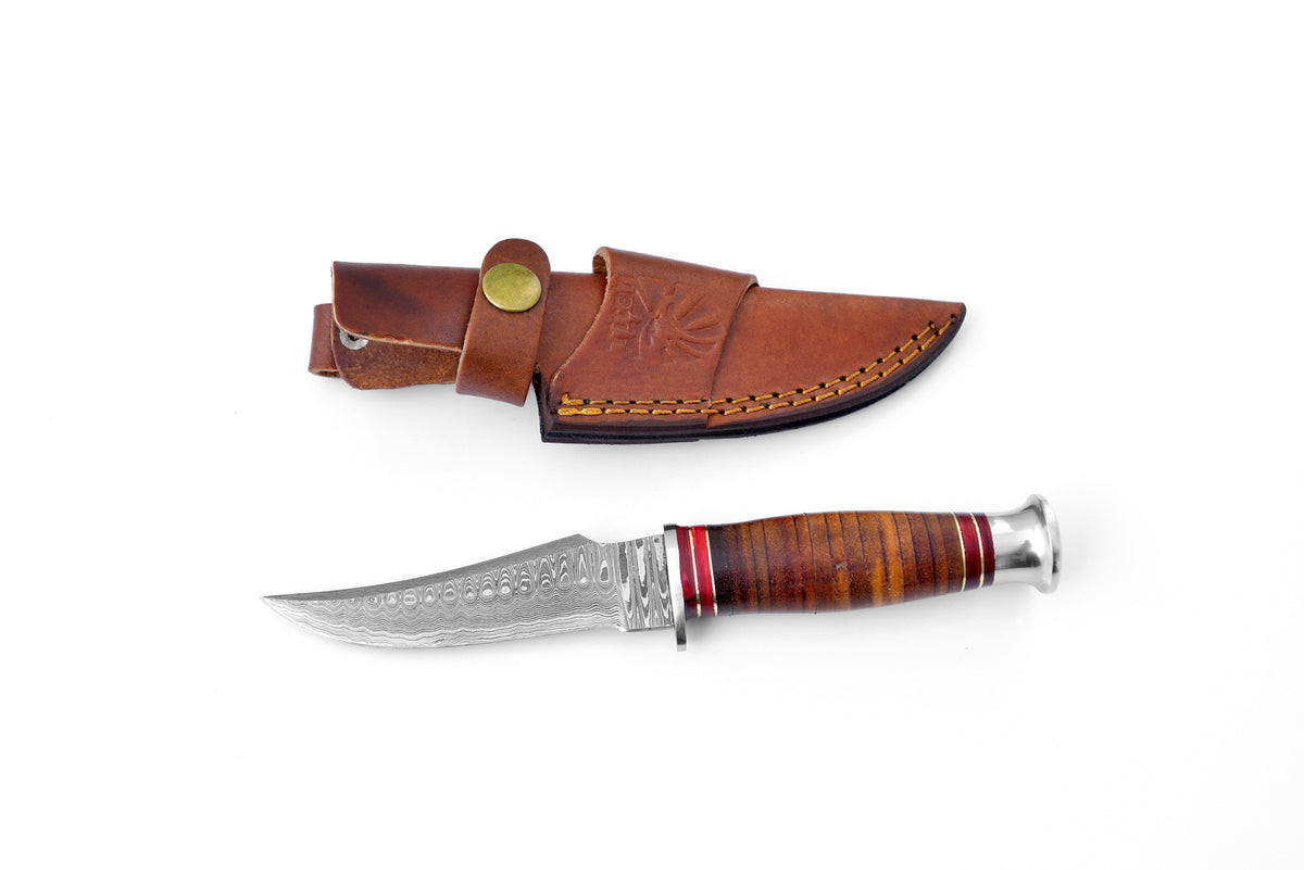 Titan Warden Damascus Steel Stacked leather handle TK-117 knife with leather sheath