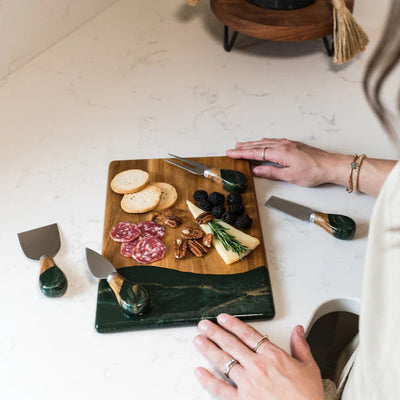 Resin coated cheese knife set with eco-resin accented wood handles and stainless steel blades
