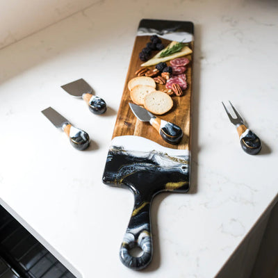 Resin coated cheese knife set with eco-resin accented wood handles and stainless steel blades