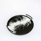 Resin Black Round Tray with matte black iron and glossy resin accents, handcrafted by Lynn & Liana Designs