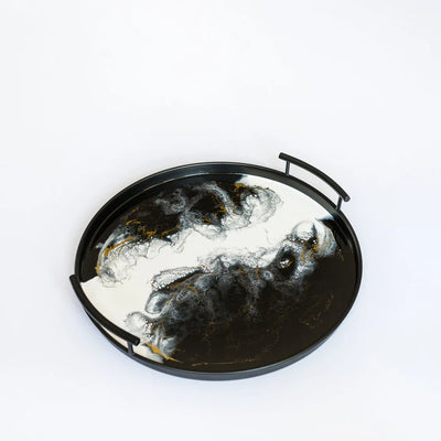 Resin Black Round Tray with matte black iron and glossy resin accents, handcrafted by Lynn & Liana Designs