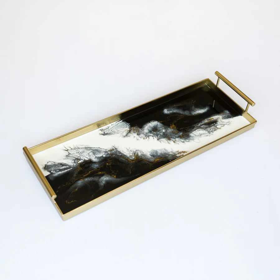 Rectangular resin tray with black and white marbled design and gold accents on a white background
