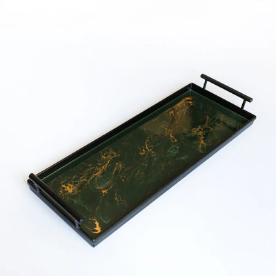 Matte black rectangular resin serving tray with hand-poured resin design