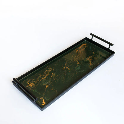 Marble-patterned resin tray with handles on a white background