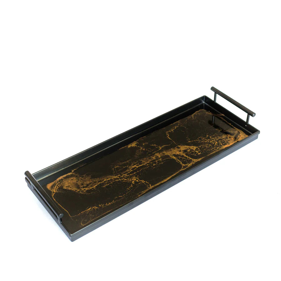 Rectangular black resin tray with gold marble pattern on a white background
