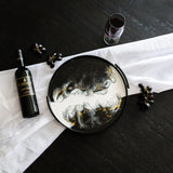 Resin Black Round Tray with matte black iron and glossy resin accents, handcrafted by Lynn & Liana Designs