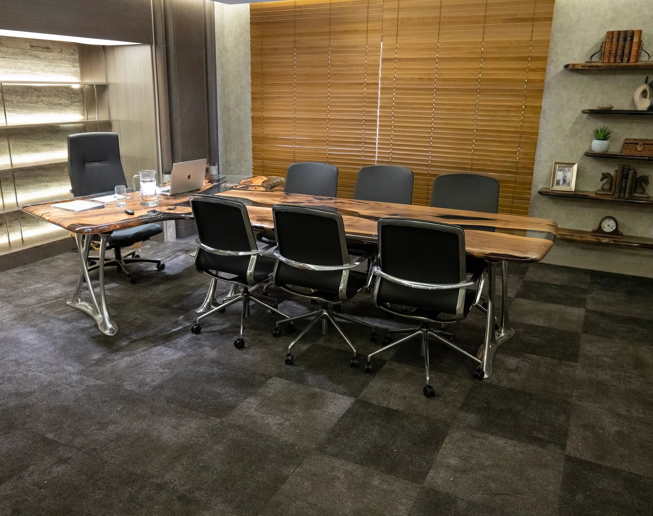 Luxury D-Shaped Walnut and Epoxy Executive Desk with cast aluminum legs in various finishes