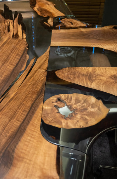Luxury D-Shaped Walnut and Epoxy Executive Desk with cast aluminum legs in various finishes