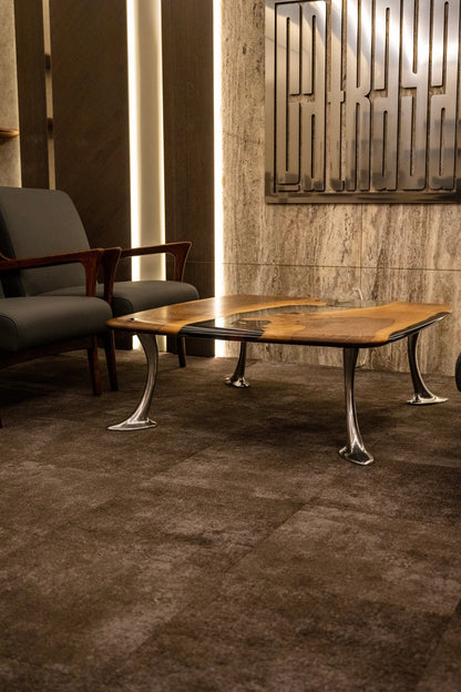 Luxury D-Shaped Walnut and Epoxy Executive Desk with cast aluminum legs in various finishes