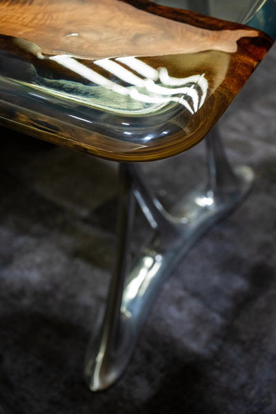 Luxury D-Shaped Walnut and Epoxy Executive Desk with cast aluminum legs in various finishes