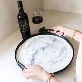 Resin Black Round Tray with matte black iron and glossy resin accents, handcrafted by Lynn & Liana Designs