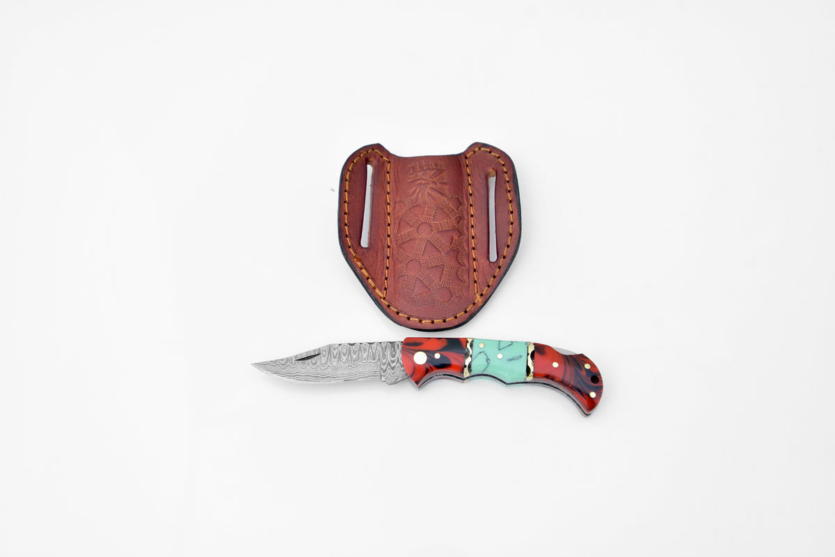 Damascus steel pocket knife Limited Run Red & Blue Resin TF-050 by Titan International K - main product image for Resin Society