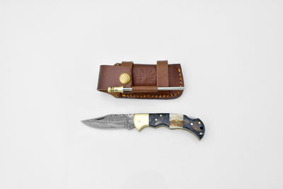 Damascus steel pocket knife Limited Run Black Diamond Wood and Stag Horn TF-052 by Titan International K - Resin Society