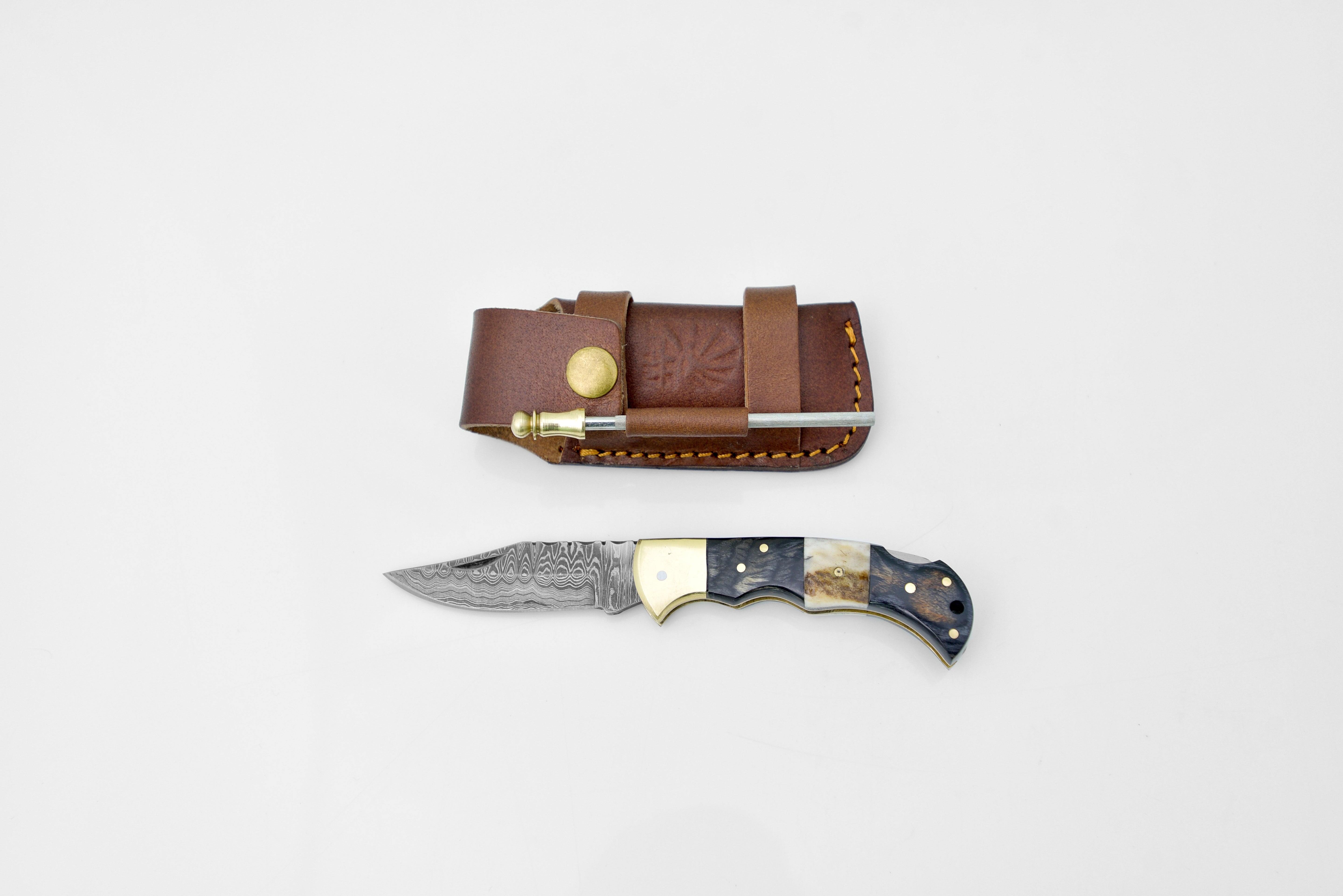 Damascus steel pocket knife Limited Run Black Diamond Wood and Stag Horn TF-052 by Titan International K - Resin Society
