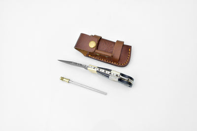 Damascus steel pocket knife Limited Run Black Diamond Wood and Stag Horn TF-052 detail image - Resin Society