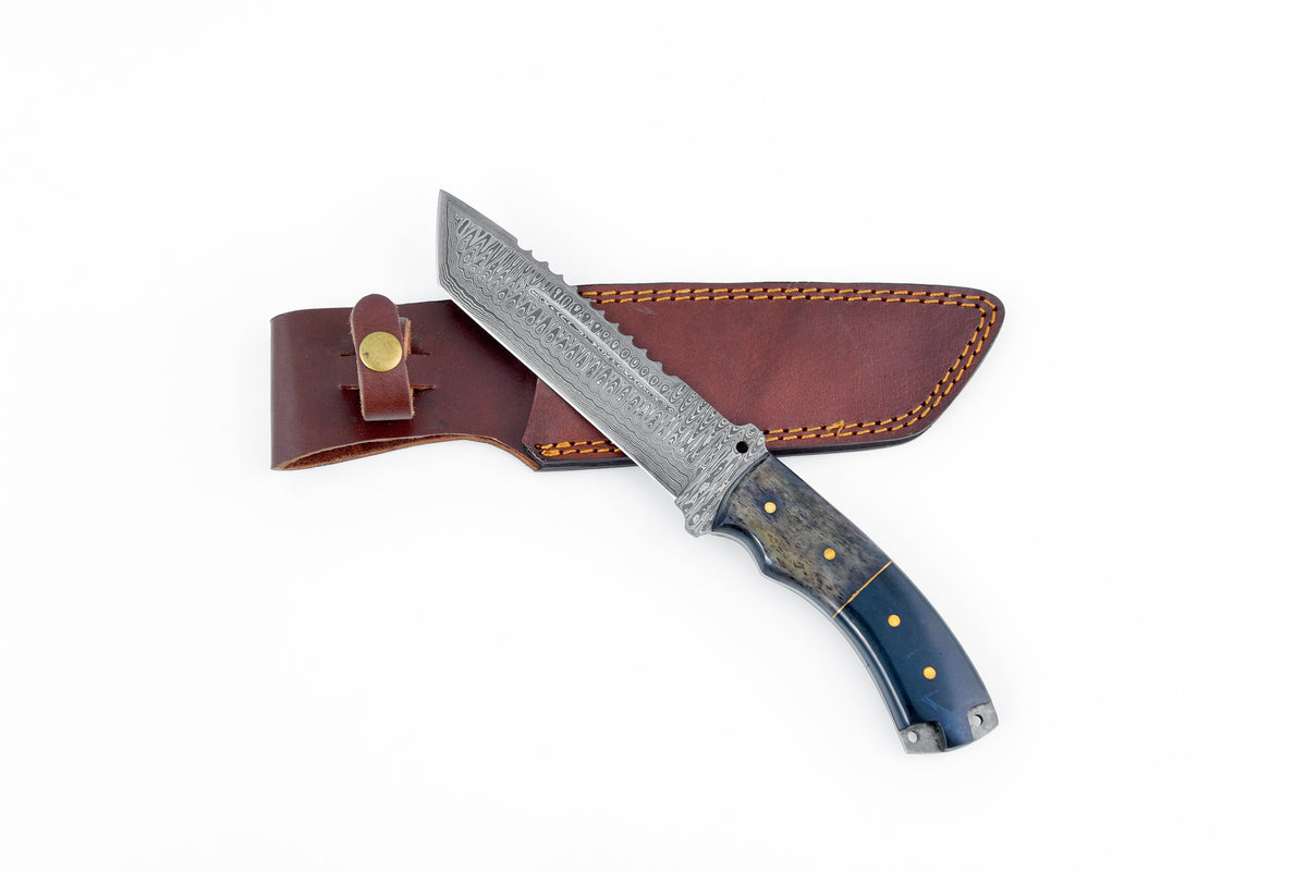 TD-039 fixed blade knife with Damascus steel blade and dyed bone handle