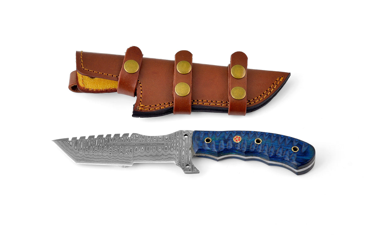 Blue Vanguard Damascus Tracker Edition TK-065 fixed blade knife showing Damascus steel pattern and ergonomic handle