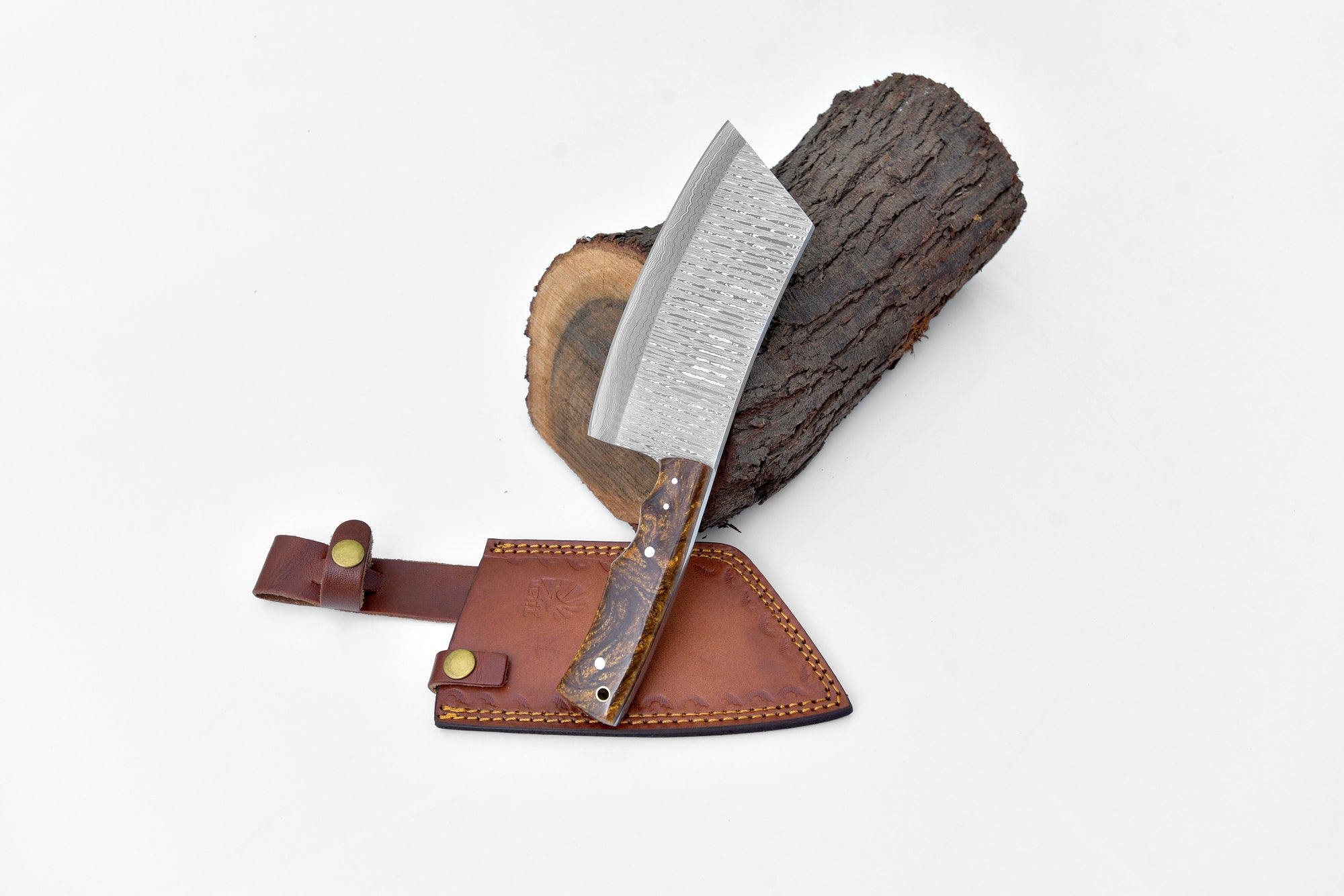 Brown Resin TK-207 knife with Damascus steel blade and brown resin handle, displayed on dark background
