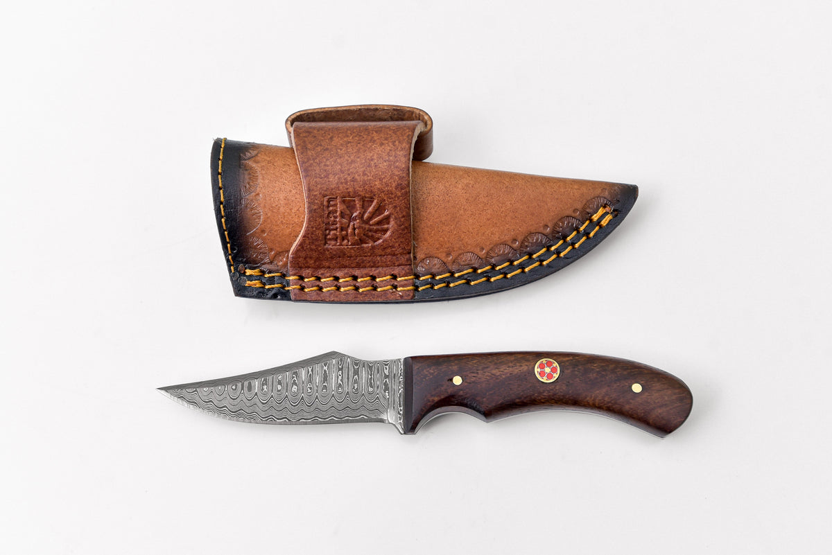 Damascus Steel Skinner Knife with Rosewood handle by Titan, showing detailed blade and grip
