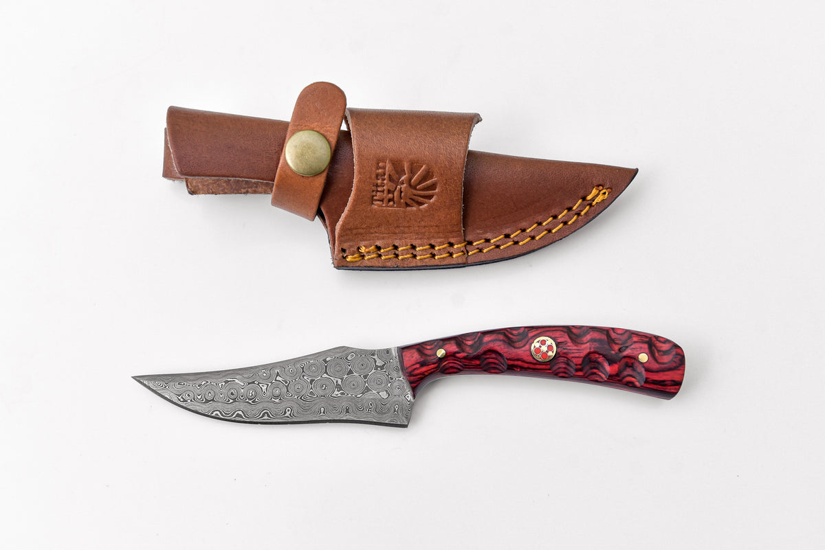 Arrival (New) TD-703 hunting and survival knife with Red Diamond Wood and dyed bone handle alongside custom leather sheath