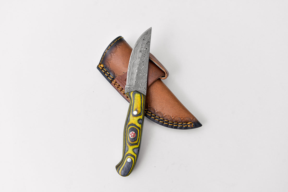 Custom Titan Pointer Damascus knife with sharp point and diamond wood handle