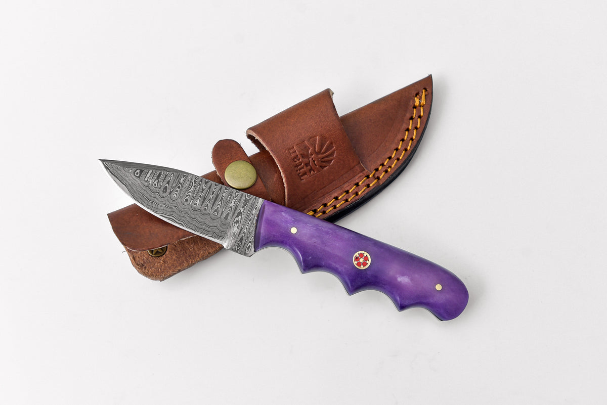 Everday Carry Damasucs Drop Point blade Purple Sting TD-229 knife with dyed purple bone handle and custom leather sheath