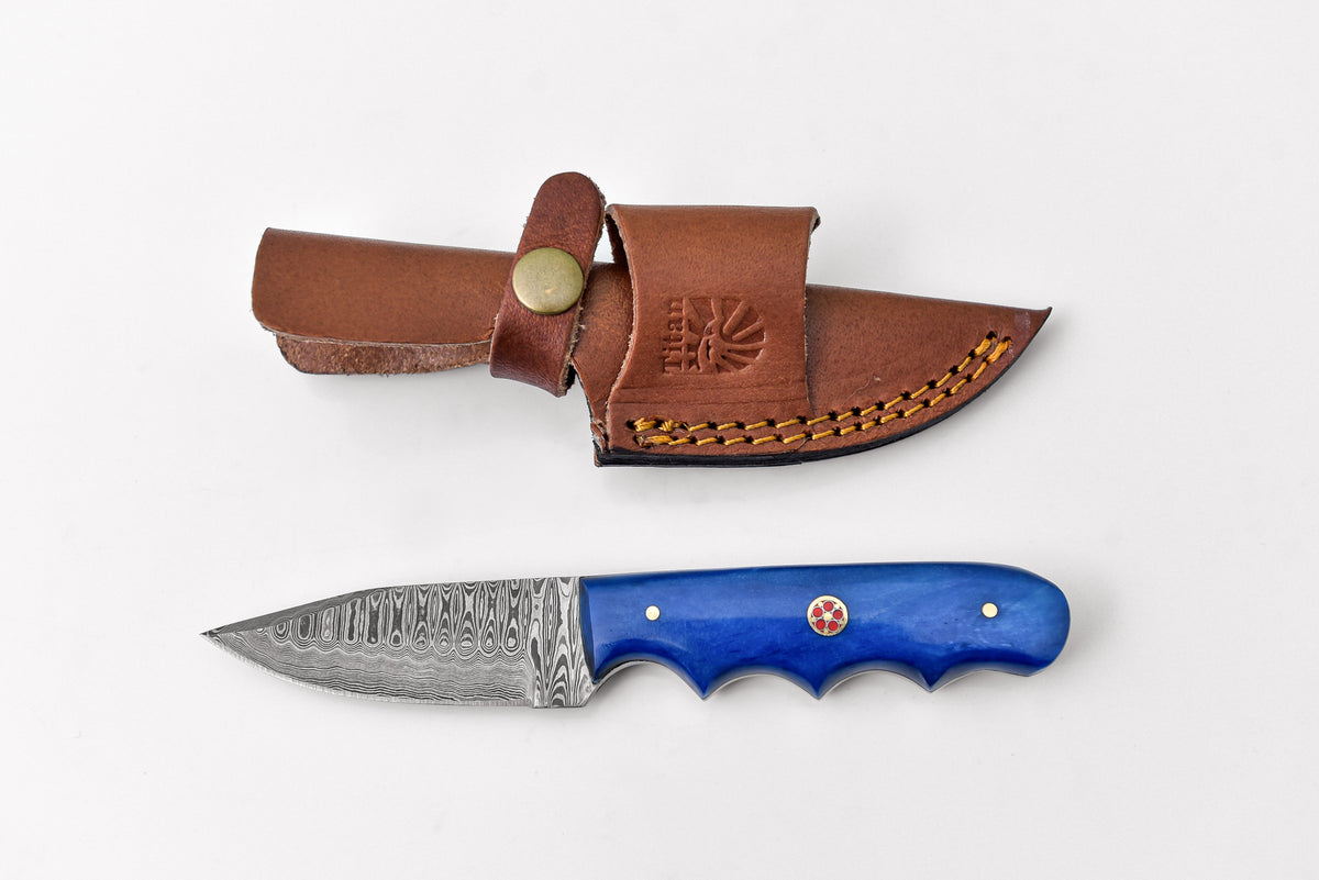 4 inch Drop Point Damascus Knife with dyed blue bone handle and leather sheath