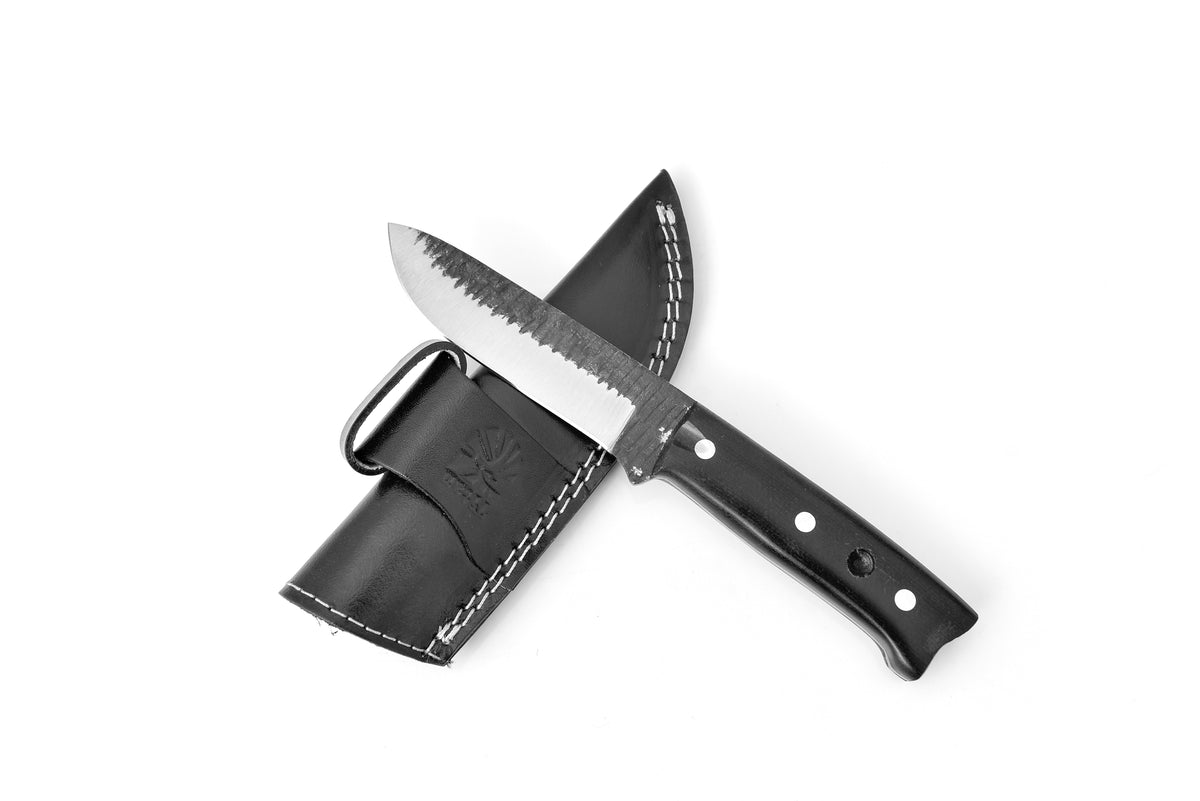 Arrival TC-313 Carbon Steel all around Camping Knife showing full length and blade detail with textured G10 handle