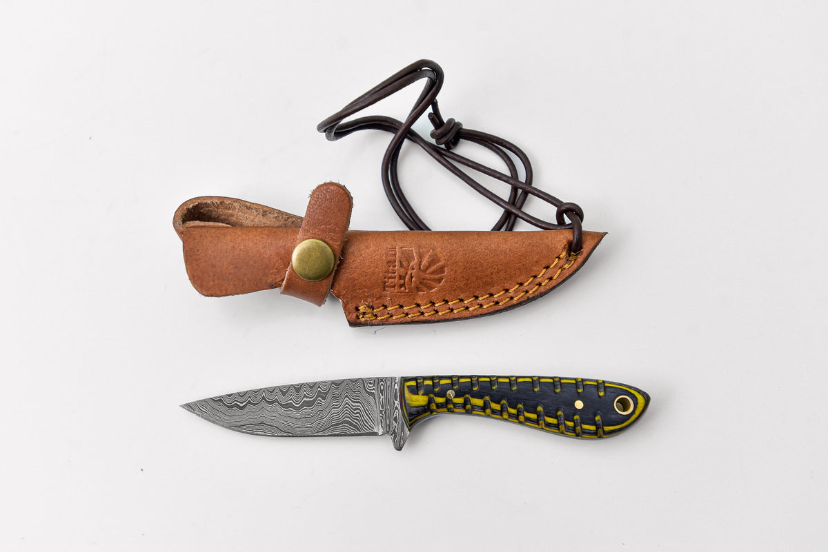 Neck style Damascus knife by Titan TD-208 with Damascus steel blade and diamond wood handle