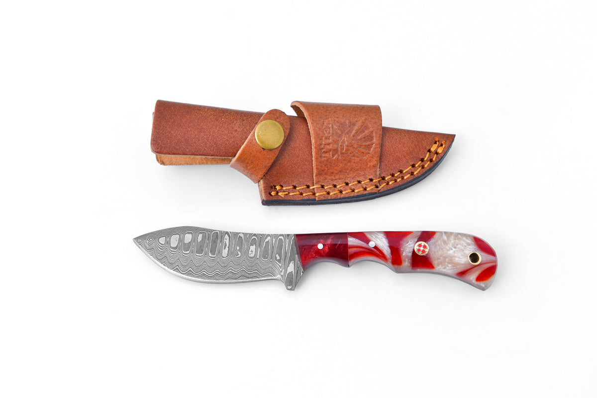 The Rose Fusion Damascus Steel Utility Knife with turquoise resin grip and patterned Damascus steel blade