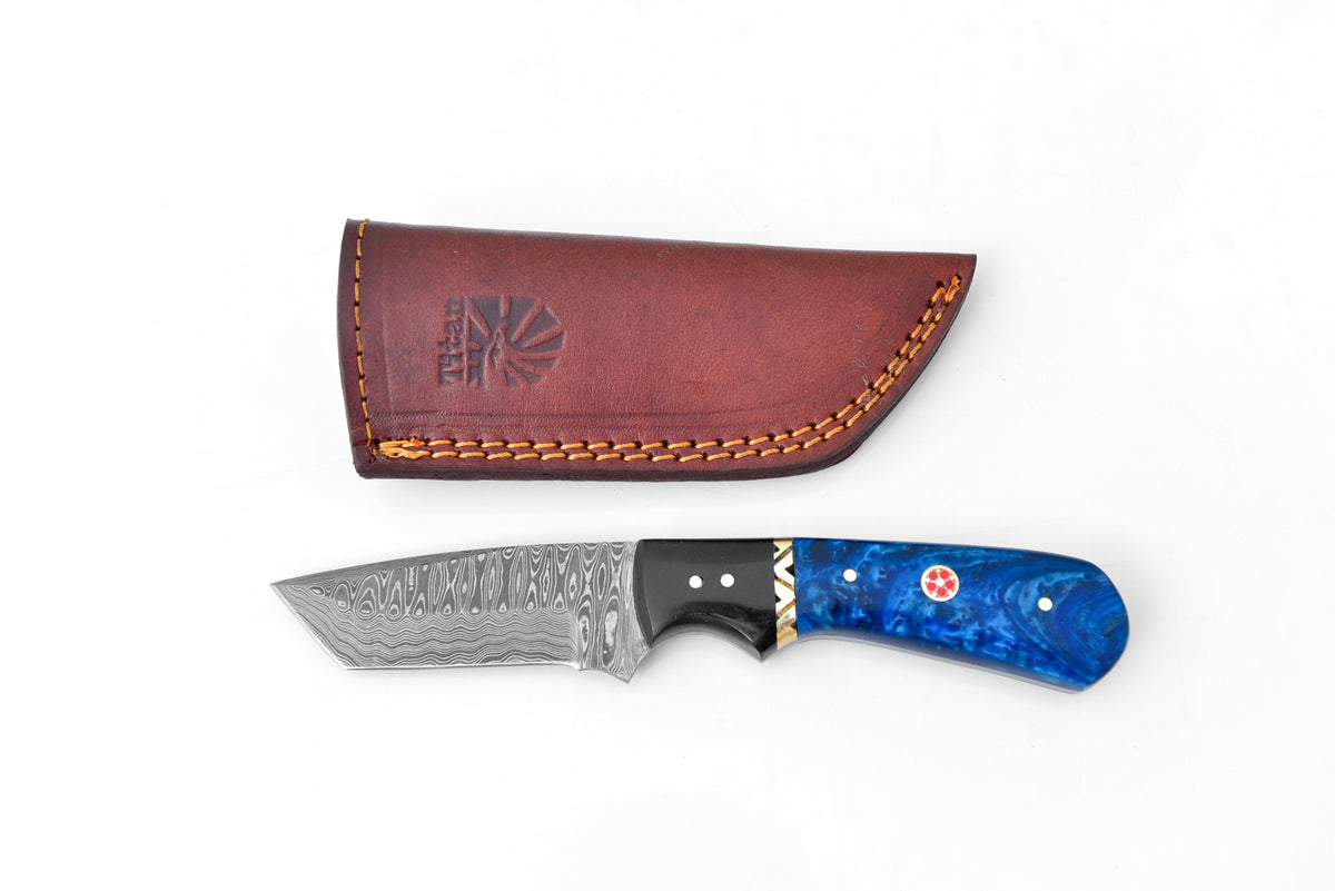 Midnight Fury Damascus Tanto Knife by Titan TK-125 with blue handle and leather sheath