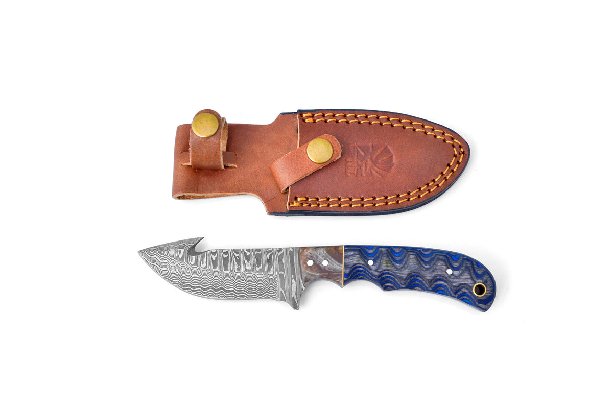Damascus Steel Gut-hook & Skinning Style TK-112 knife with turquoise resin grip handle displayed on a neutral surface
