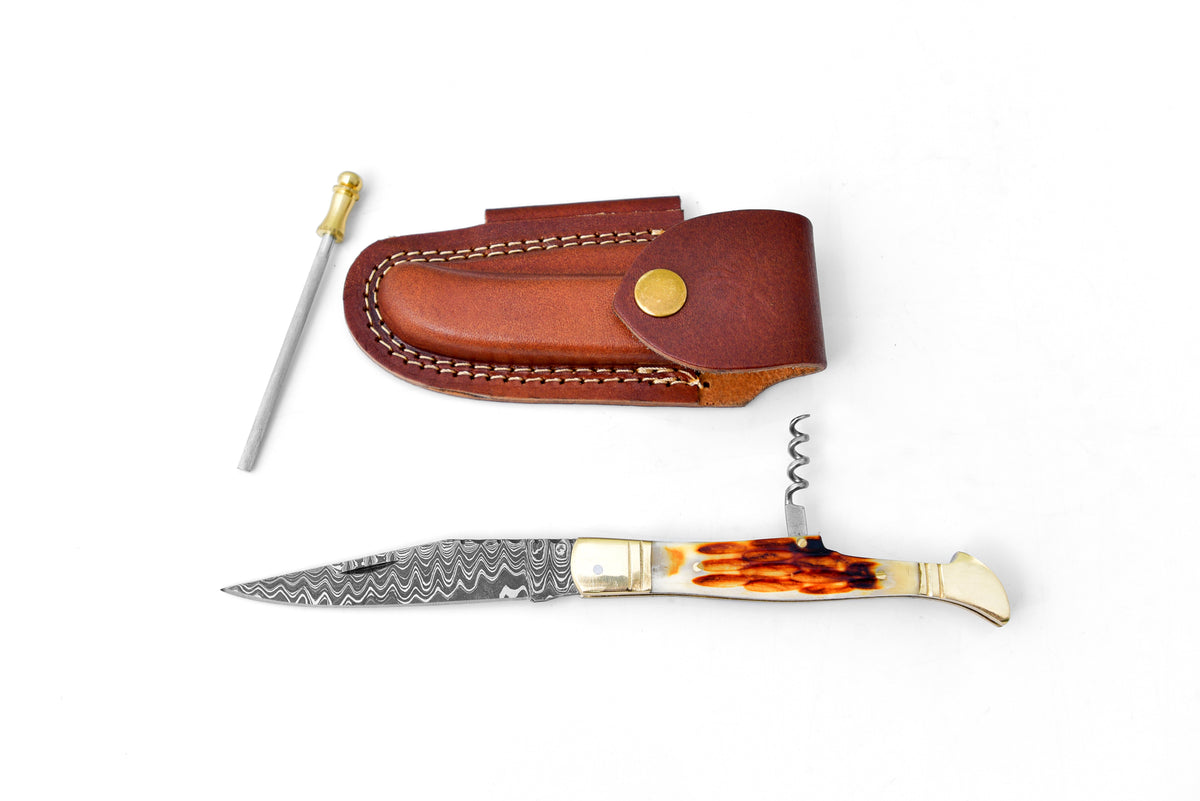 Titan Royale French Damascus Pocket Knife TF-057 with a burnt bone handle and Damascus steel Tanto blade