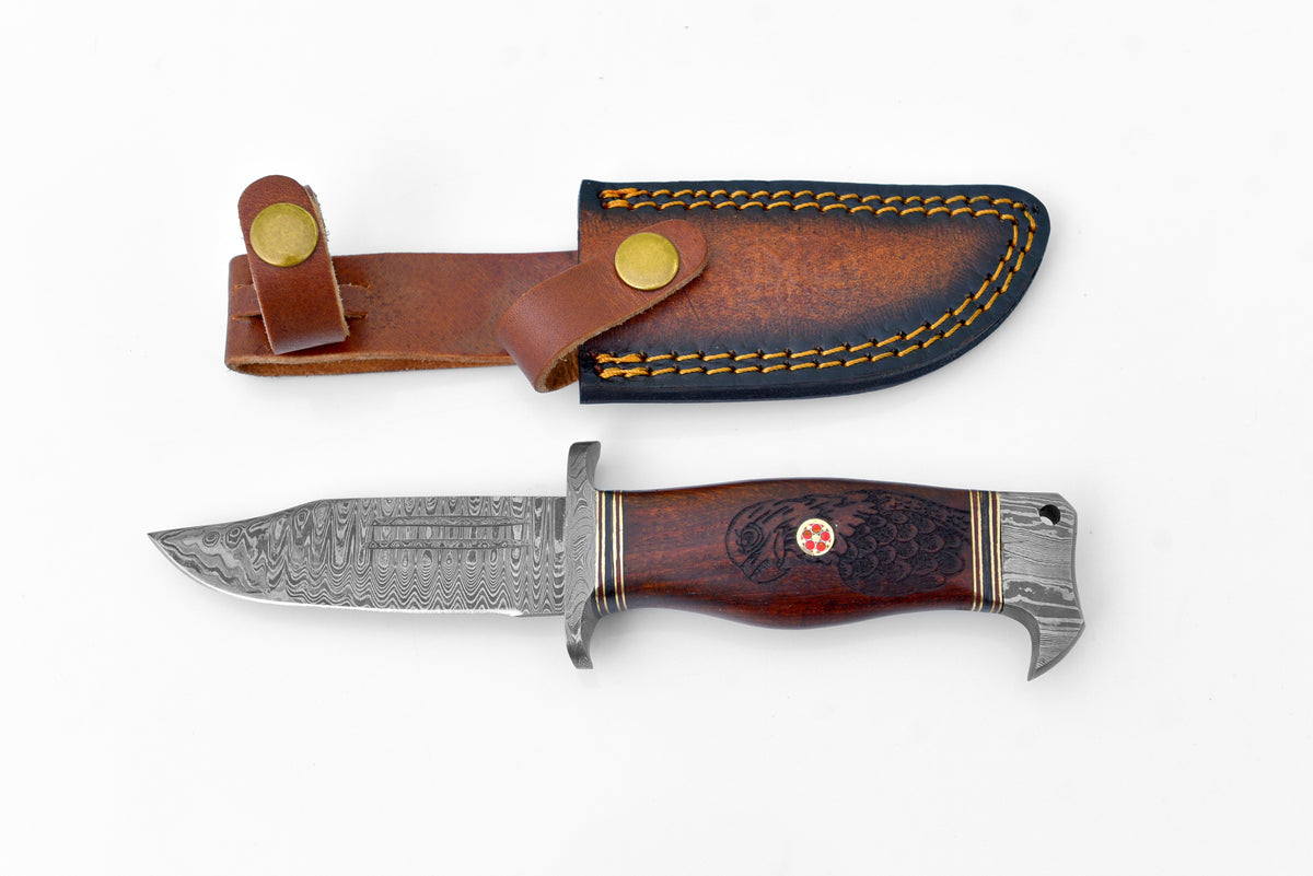 Eagle's Valor Damascus by Titan TK-116 knife with black walnut handle and leather sheath