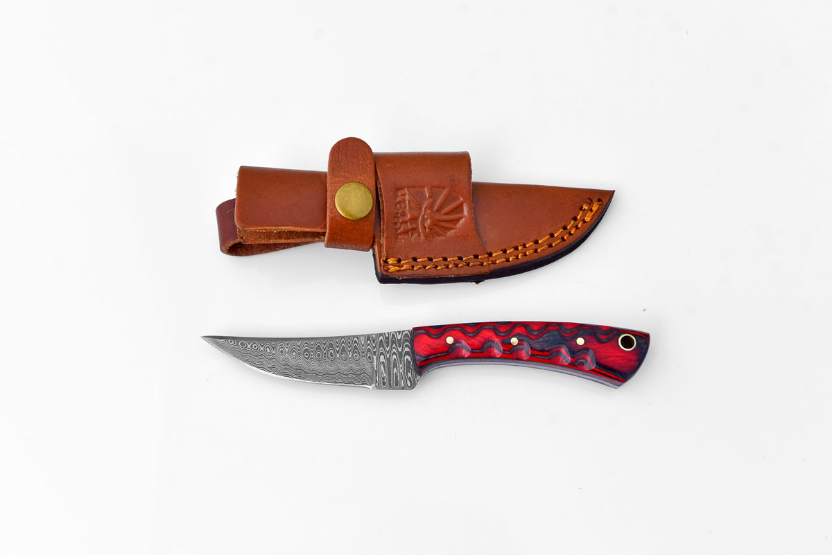 Damascus Steel Shark Finger TK-114 knife with red diamond wood handle and leather sheath