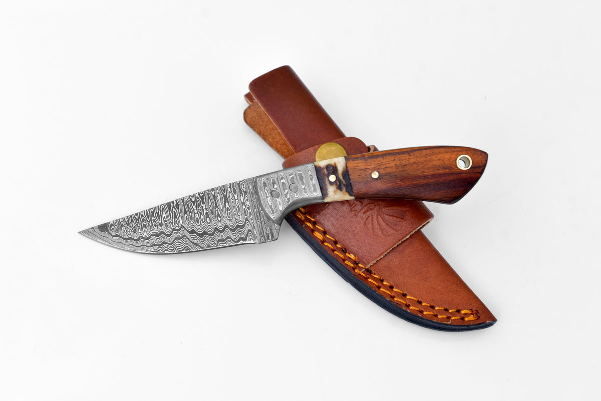 Fixed blade knife with intricately patterned Damascus steel blade, timberline stag horn bolster, and smooth wooden handle resting on a stitched brown leather sheath.