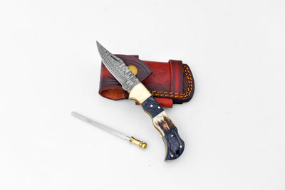 Damascus steel pocket knife Limited Run Black Diamond Wood and Stag Horn TF-052 detail image - Resin Society