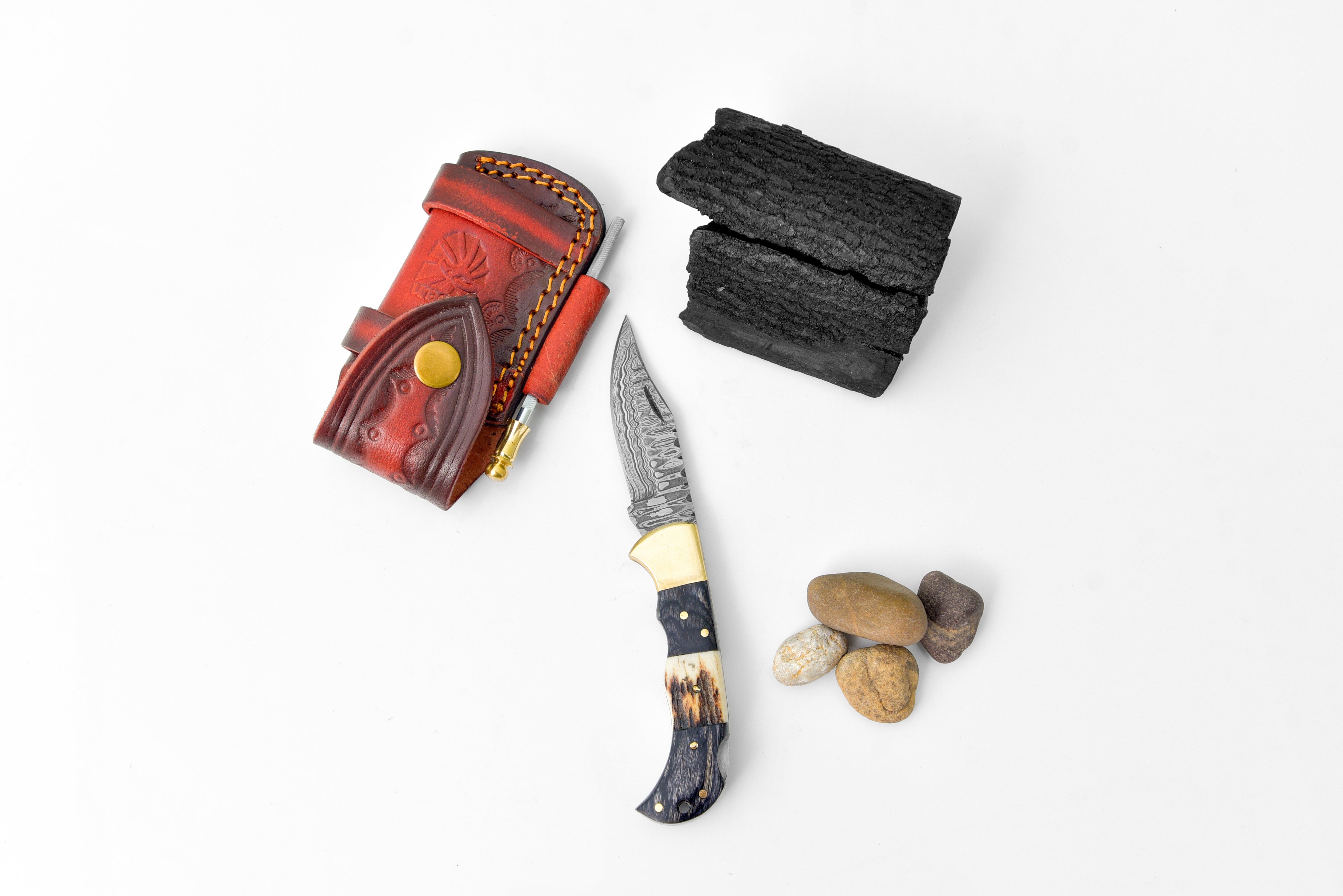 Damascus steel pocket knife Limited Run Black Diamond Wood and Stag Horn TF-052 detail image - Resin Society