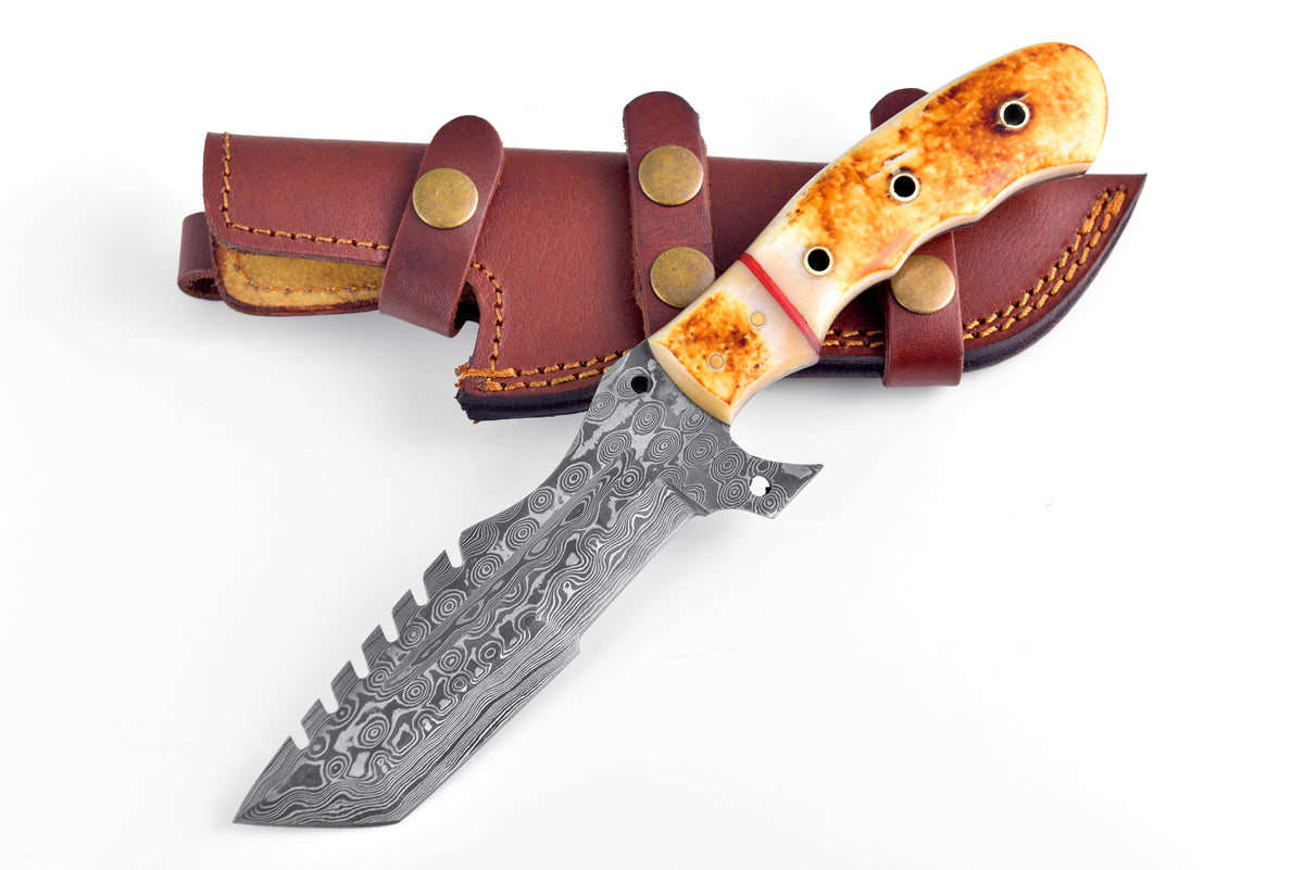 Flamed Vanguard Damascus Tracker Edition TK-109 knife with patterned Damascus blade and ergonomic handle