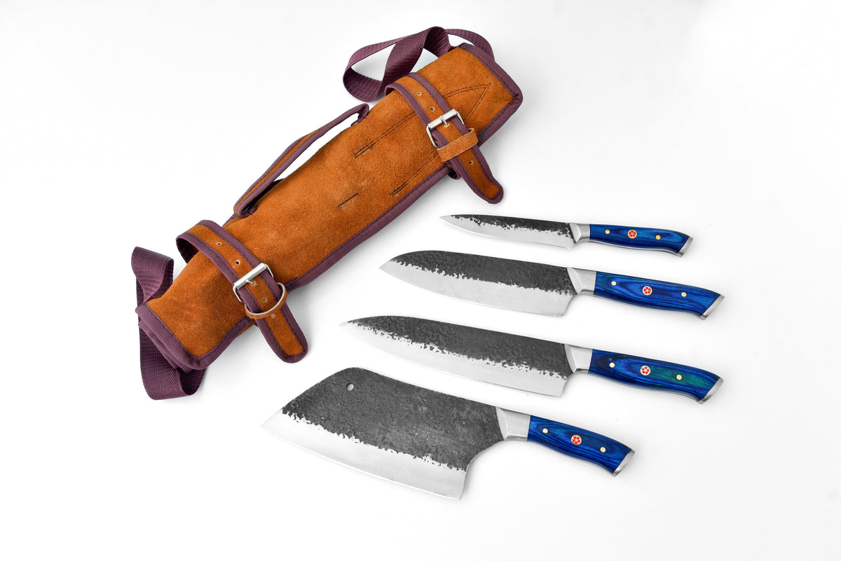 Titan Forge Culinary Mastery Set knives laid out next to wooden chopping board