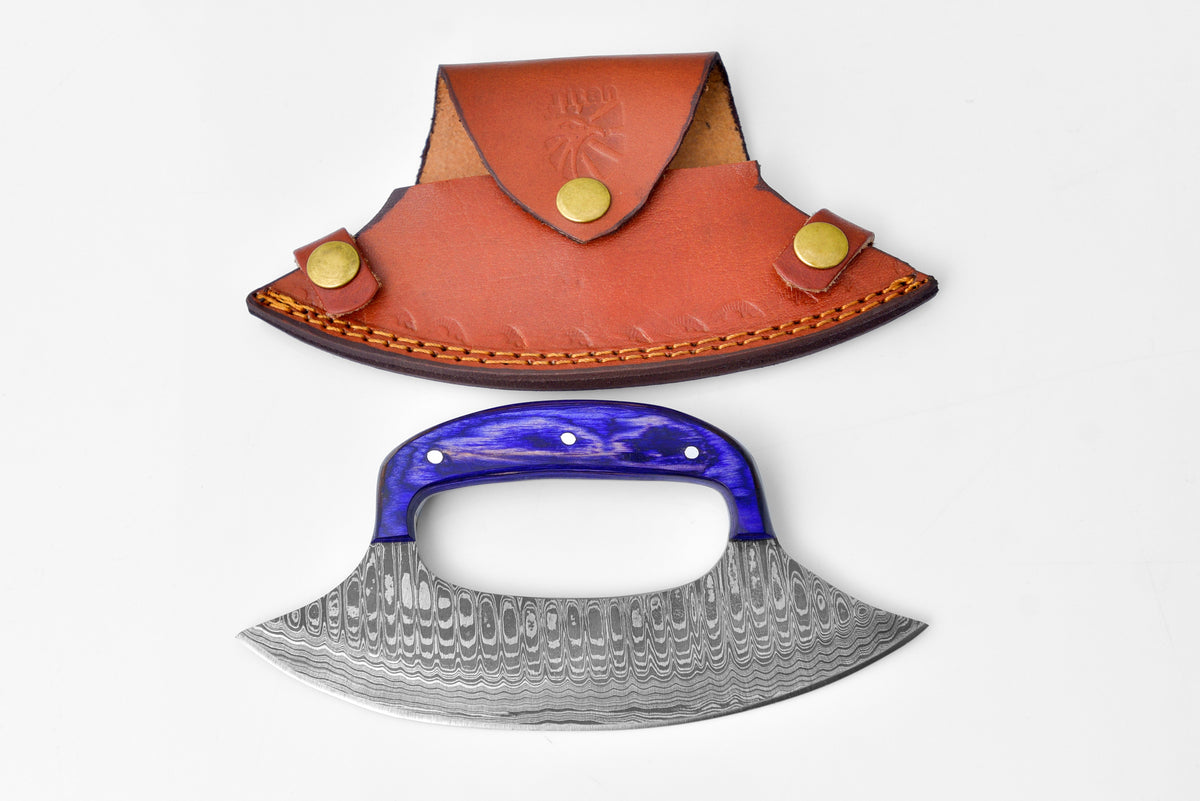 Damascus Steel Alaskan Ulu knife Elongar with Damascus blade and Diamond Wood handle on neutral background